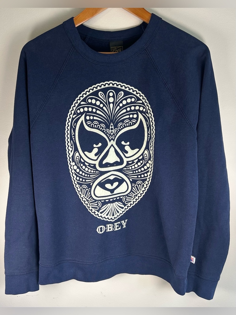 OBEY Men’s Sweater Size M Blue Luchador Mask Graphic Pullover Crewneck USA EUC